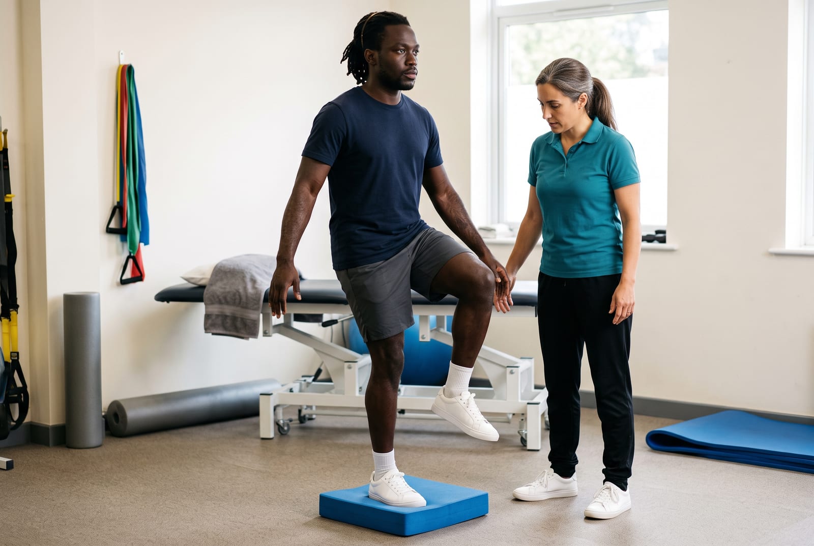 A physical therapist spots a man balancing on one leg on a blue foam pad during ankle sprain rehab in a sunlit clinic