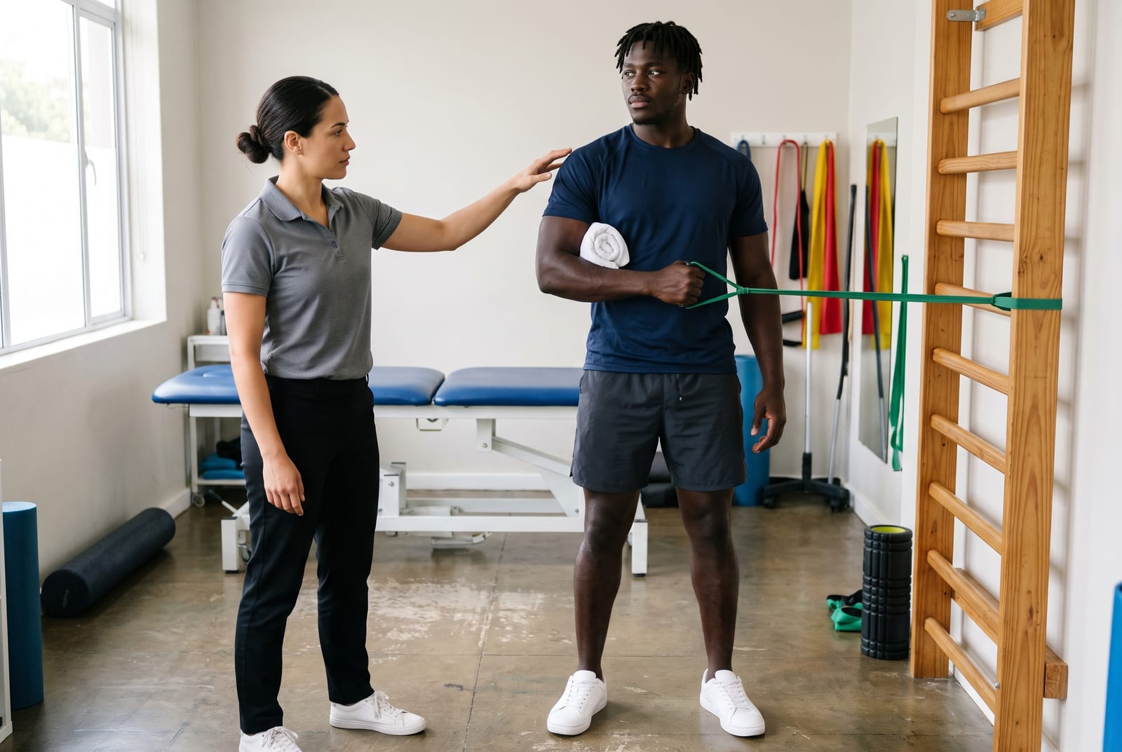 Physical therapist guiding a rugby player through a resistance band shoulder rotation exercise in a sunlit clinic
