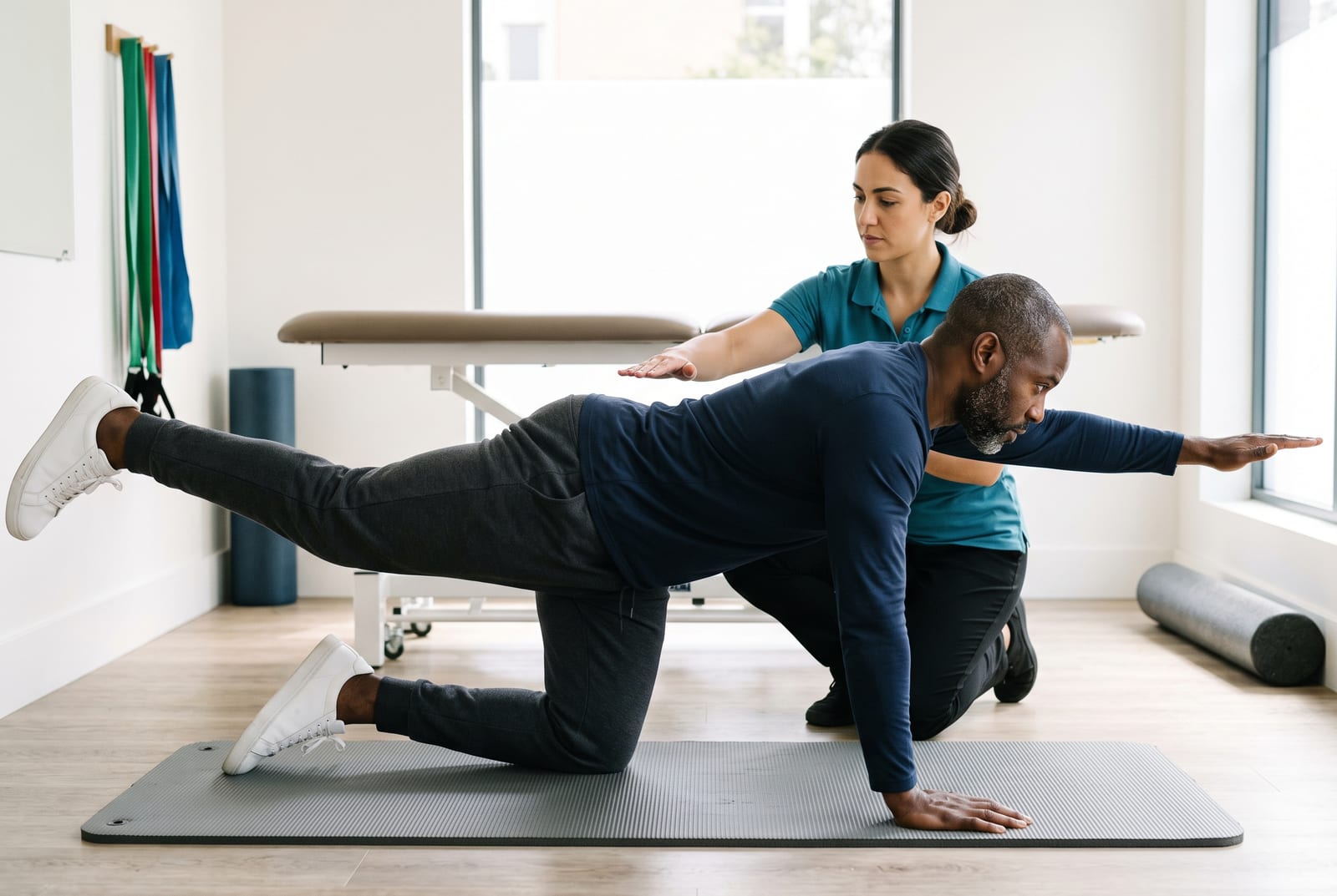 A man on hands and knees does a bird-dog exercise on a mat while a physical therapist kneels beside him watching his back
